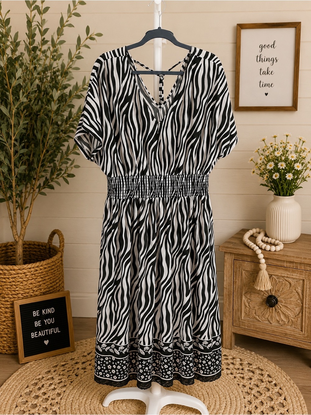 Black & White Zebra Print Midi Dress with Smocked Waist